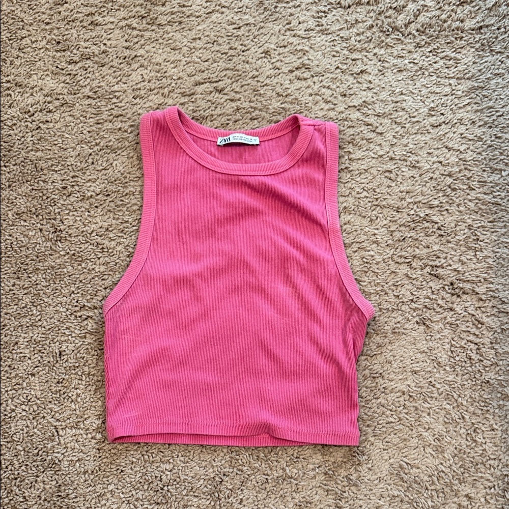 Pink Ribbed Cropped Tank Top